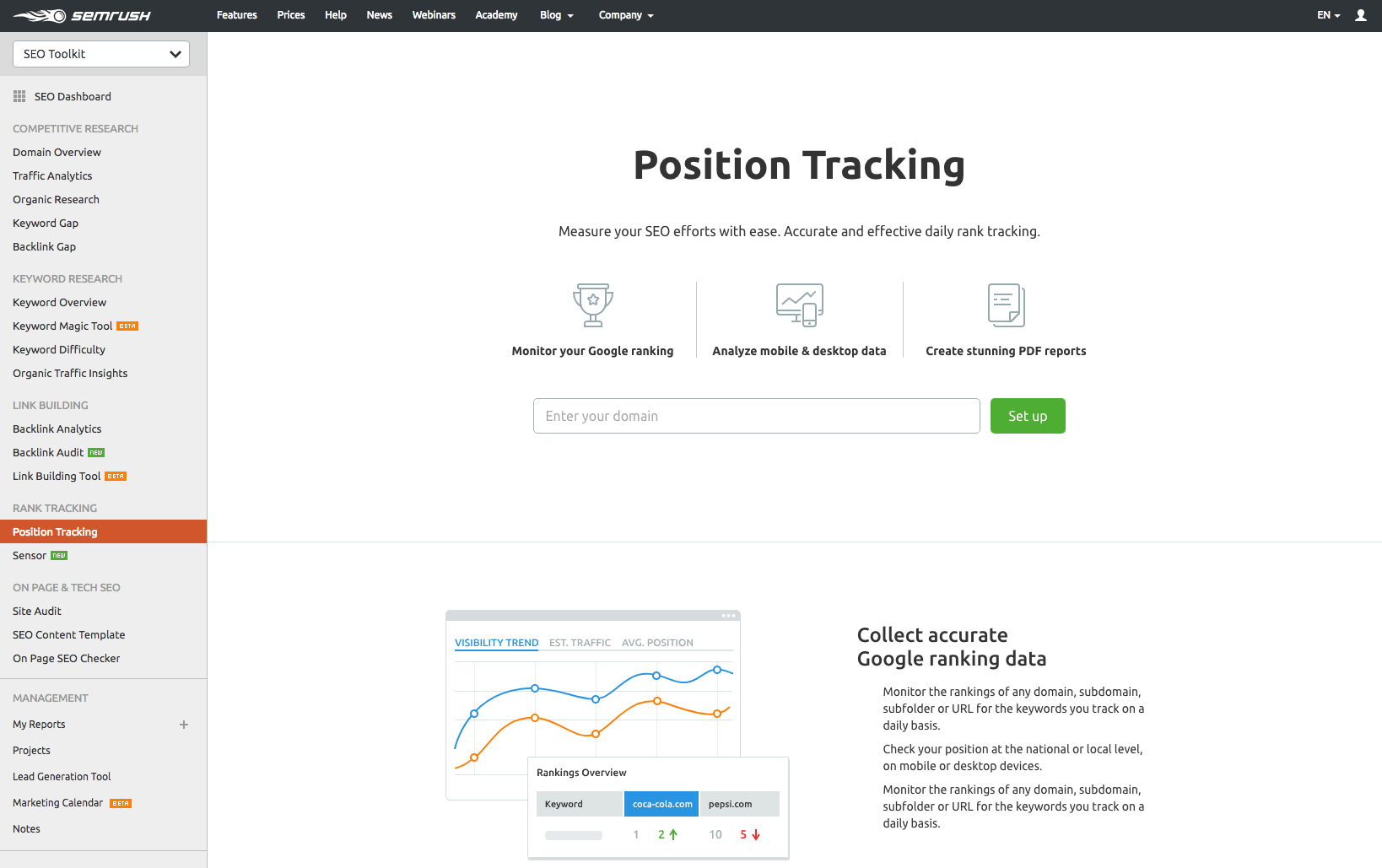 semrush position tracking tool example