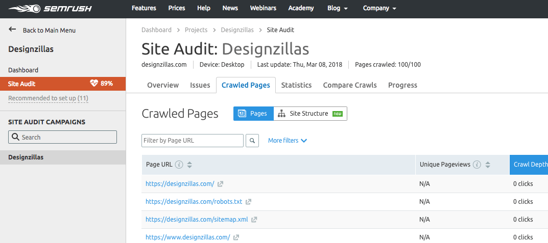 semrush site audit tool example