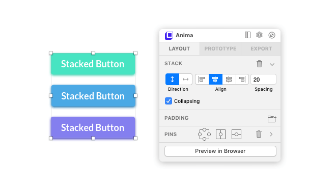 Anima's stack feature being used to define the vertical separation between three buttons