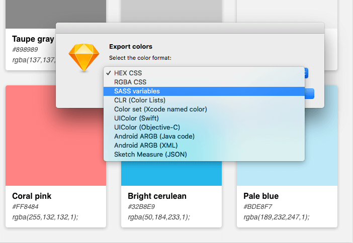 export colors, select color format, SASS variables