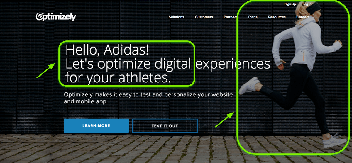 A screen shot of Optimizely.com showing a personalized experience for the user viewing the screen. In this case, the user is an Adidas employee, so the homepage displays "Hello, Adidas!"