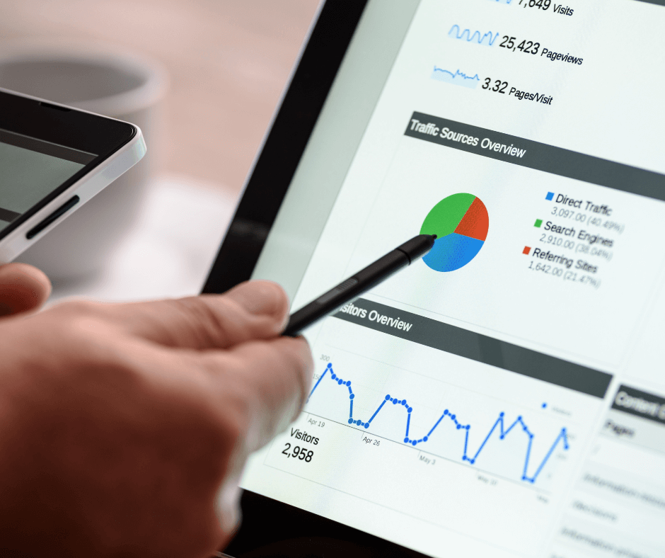 Person pointing at graph on a screen using a pen