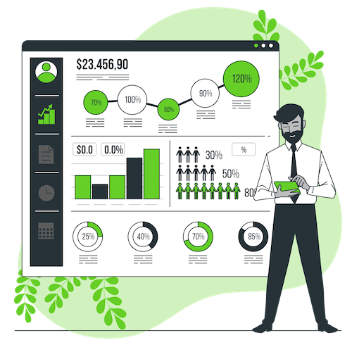 Cartoon man in front of analytics report