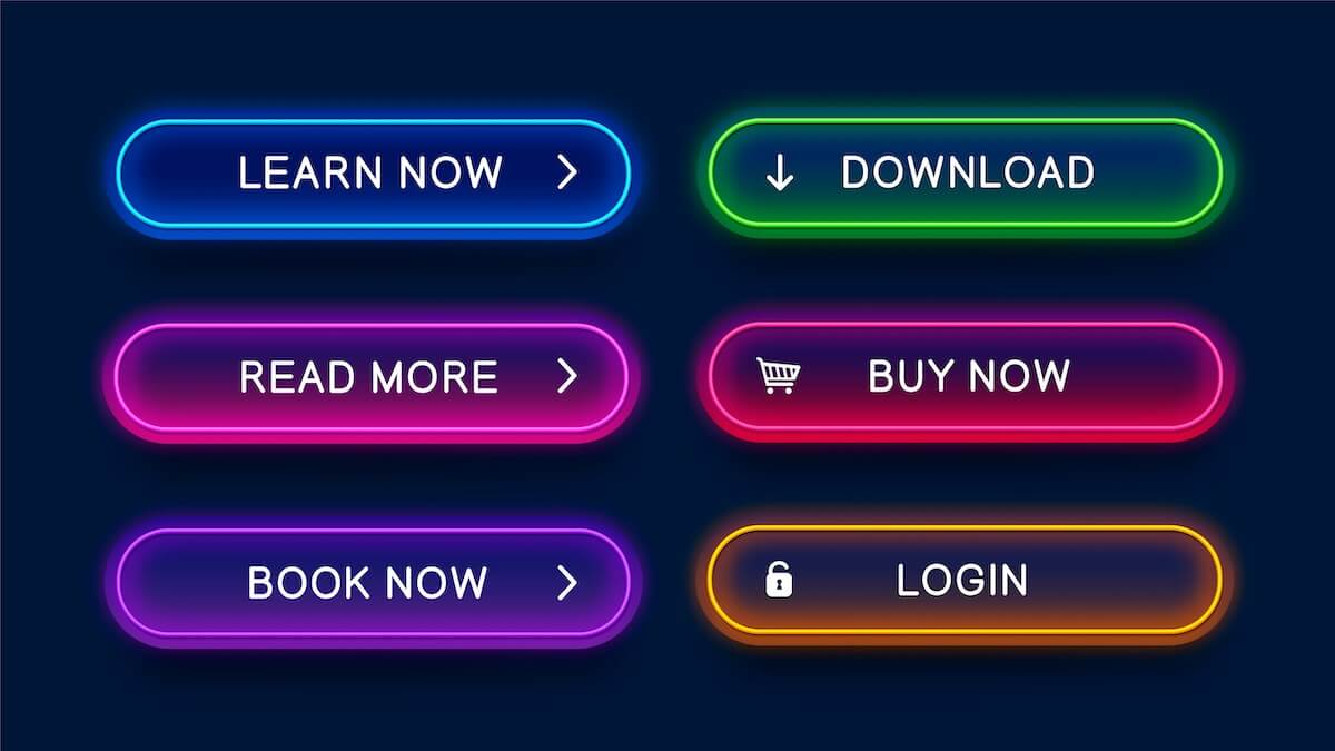 6 call to action buttons outlined in neon colors. 