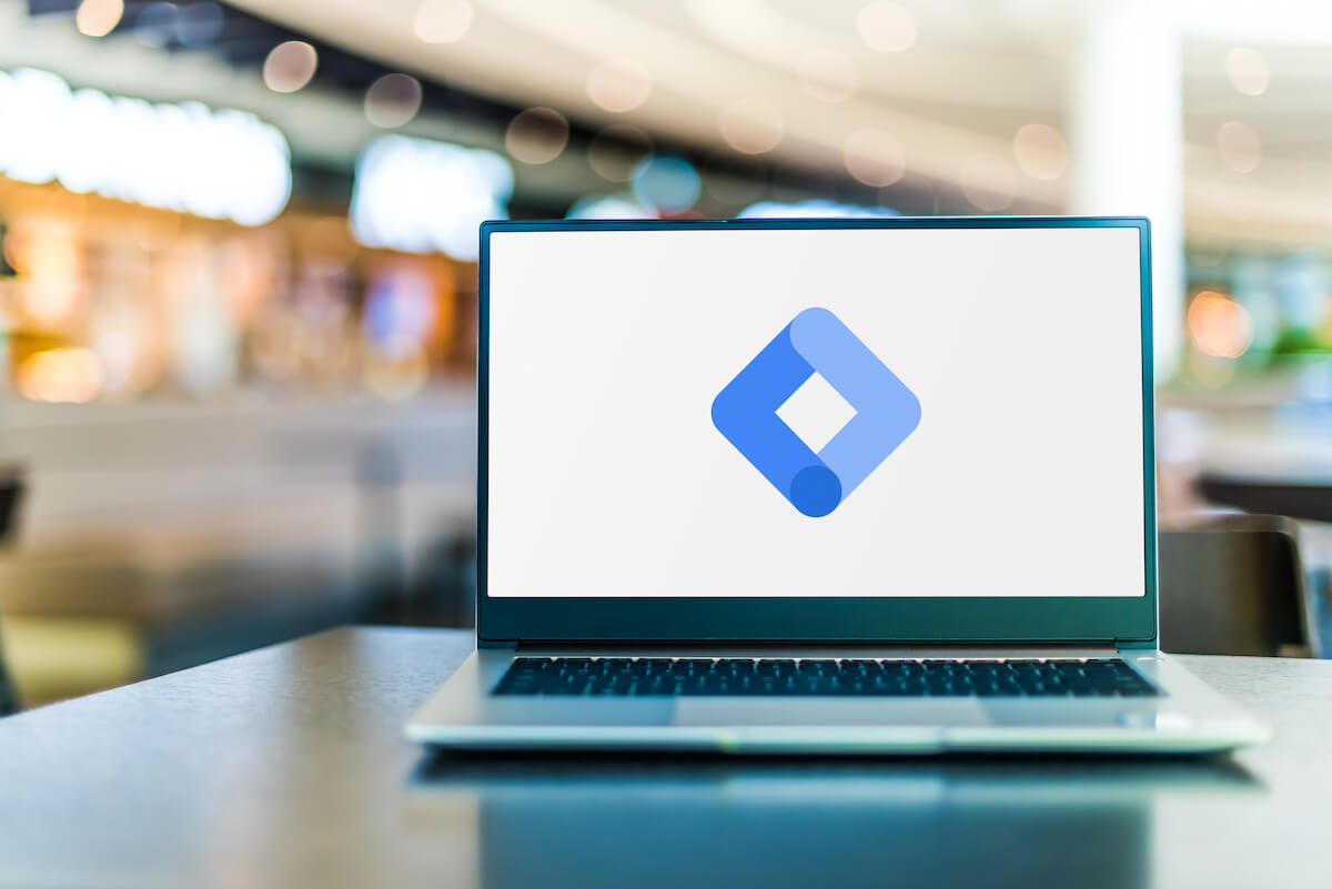 Google Tag Manager logo on a laptop screen.