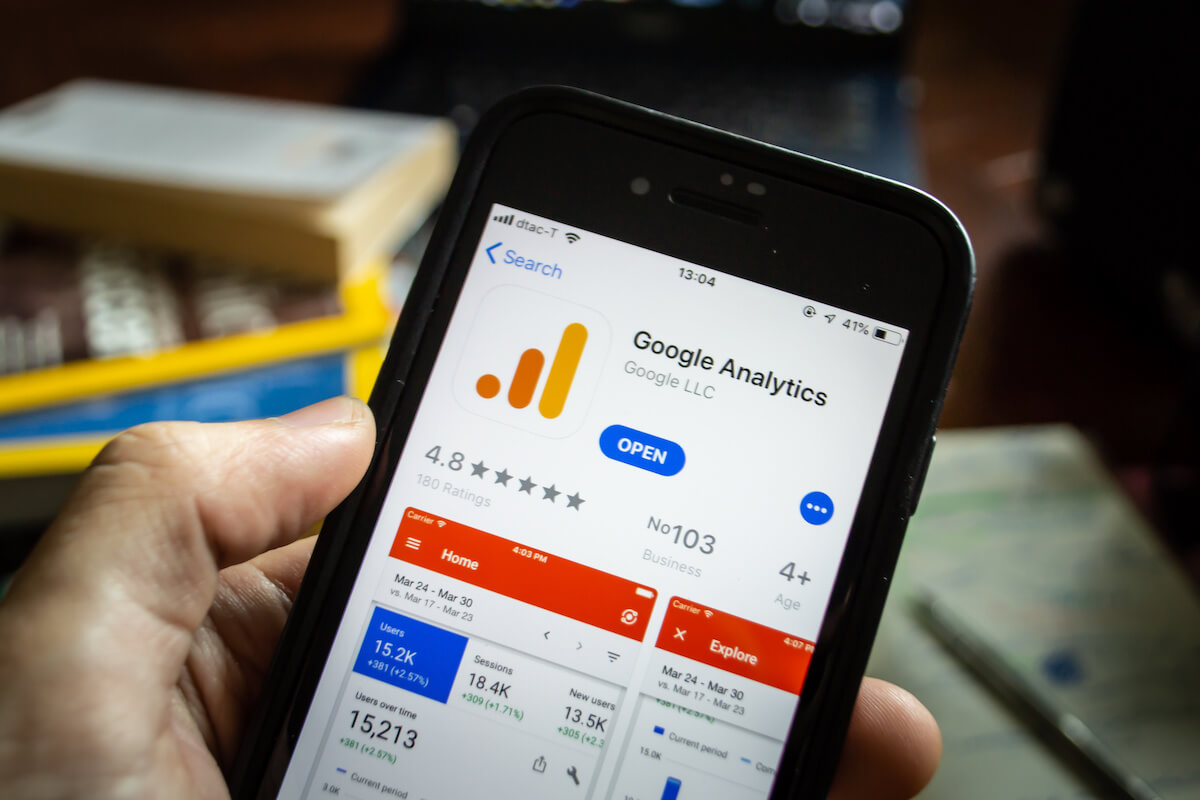 A close up of a phone with Google Analytics features on it.