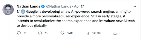 A tweet with a paragraph about Google's new AI.