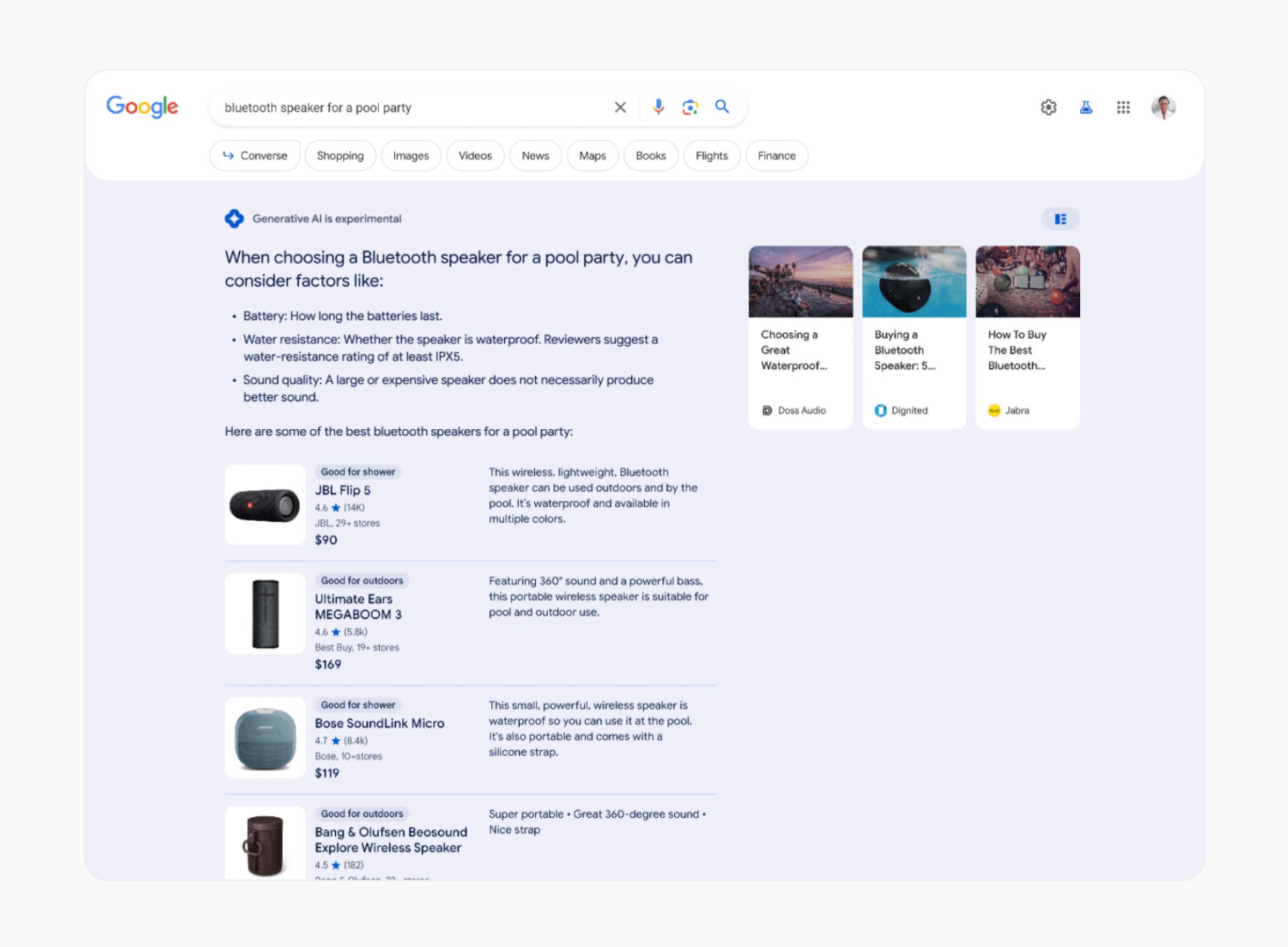 A screenshot of the new shopping experience on Google's search generative AI.
